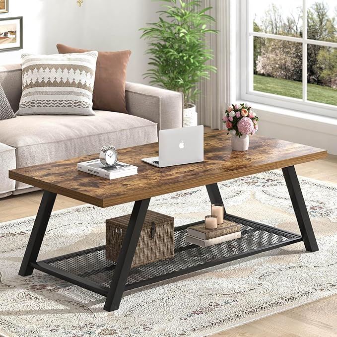 FOLUBAN 47 Inch Coffee Table, Industrial Wood and Metal Living Room Table - Image 6