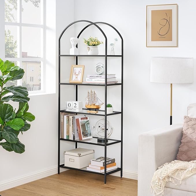 Homhedy Bookshelf Arched Display Racks, Metal Bookcase, Tempered Glass Shelves by Homhedy
