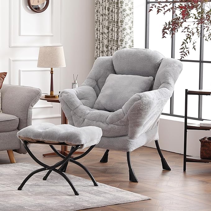 Lazy Chair with Ottoman, Modern Large Accent Lounge Chair with a Pillow - Image 5