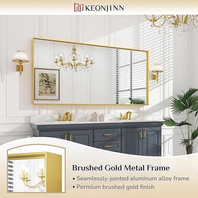 Keonjinn Large Gold Bathroom Mirror 72" x 36", Brushed Gold Rectangular Mirror - Image 6