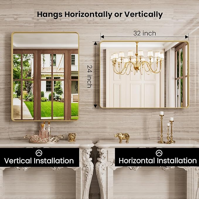 Gold Bathroom Mirror, 24x32 Inch Brushed Gold Metal Frame Mirror - Image 3