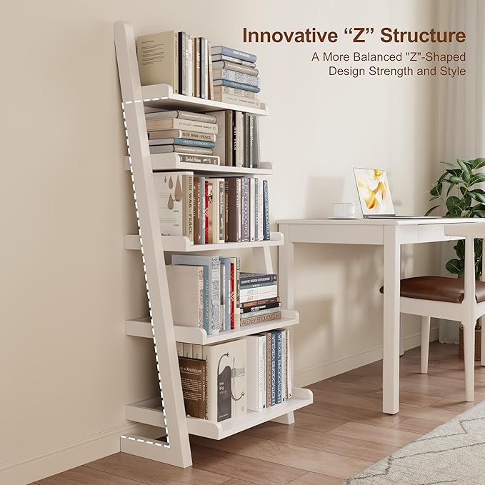 White Wooden Ladder Shelf with Edges, 5-Tier Modern Leaning Bookshelf Ladder – - Image 3