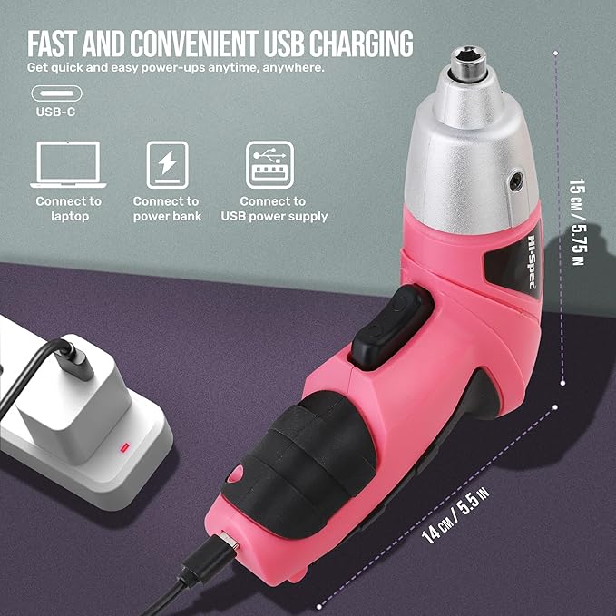 Hi-Spec 19pc 3.6V Pink USB Small Power Screwdriver & Home DIY Tool Kit Set. - Image 5