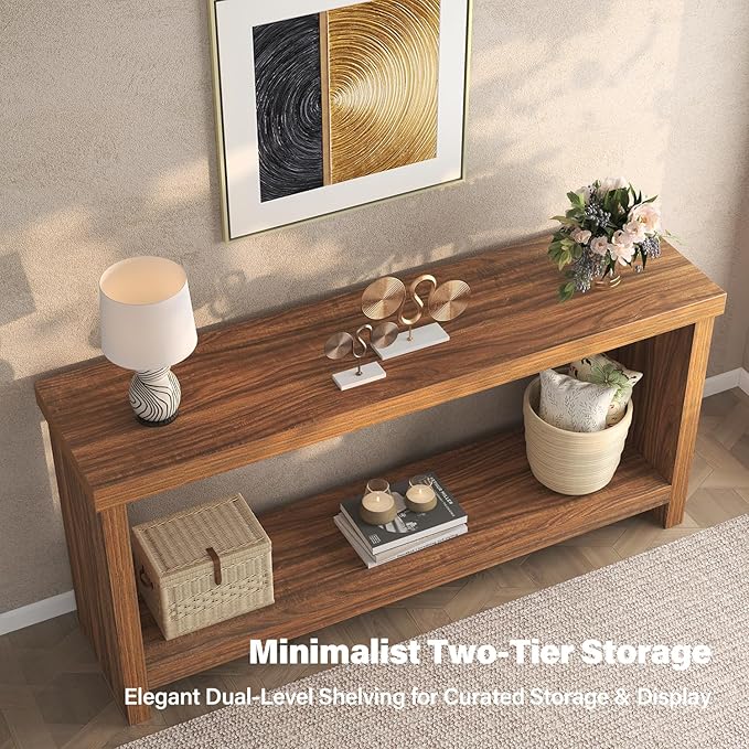 63 Inches Narrow Console Table, 2-Tier Long Sofa Tables Behind Couch Table - Image 9