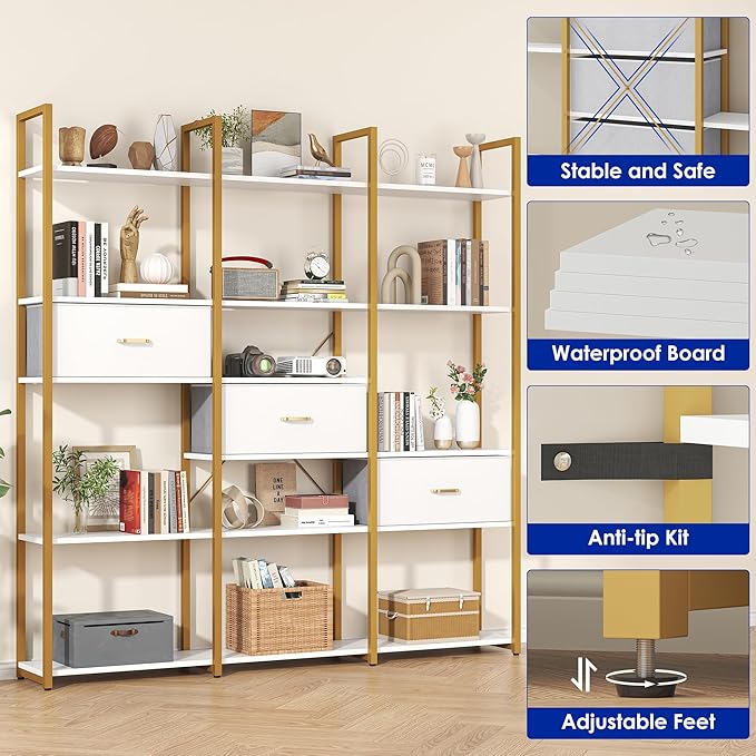 73.6" Tall Bookshelf with 3 Drawers and 16 Storage Shelves, Industrial Bookcase - Image 7