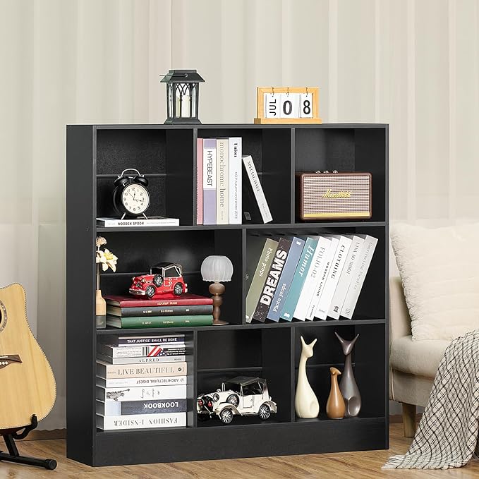 YAHARBO Black Wide Bookshelf, 3 Tier Modern Horizontal Bookcase, Wood Low - Image 3
