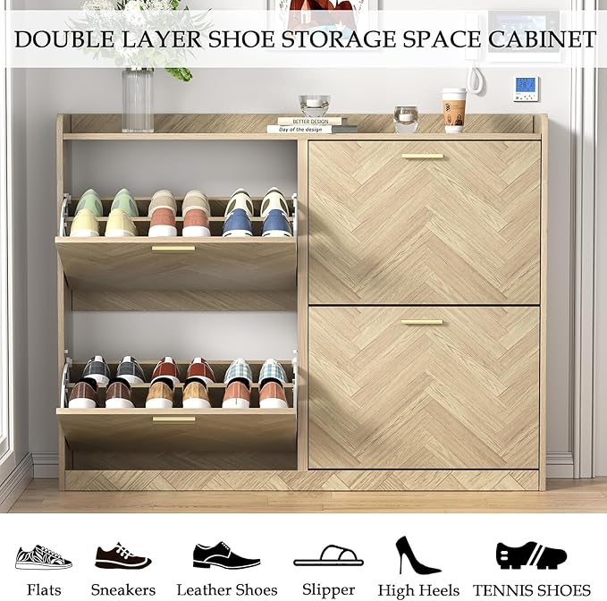 47" Large Shoe Cabinet with 4 Flip Drawers, Freestanding Shoe Storage Cabinet - Image 4