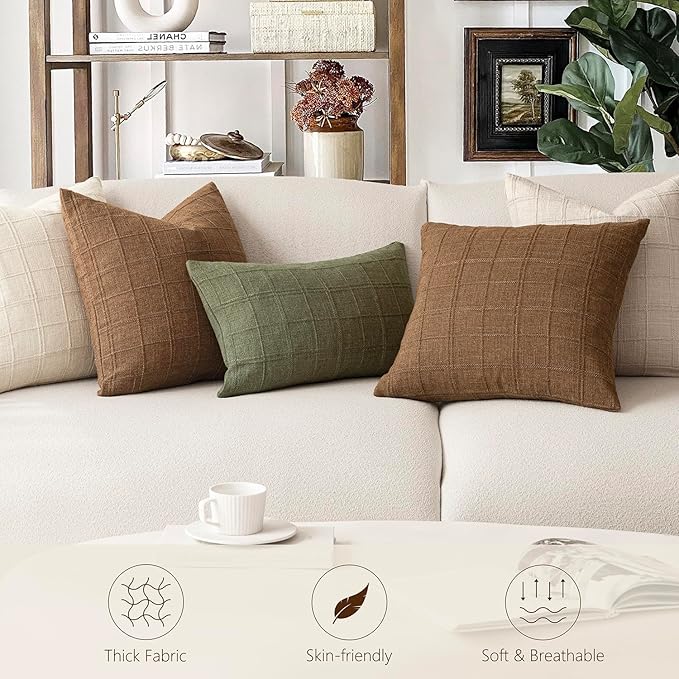 Foindtower Set of 2 Decorative Linen Check Throw Pillow Covers Neutral - Image 7