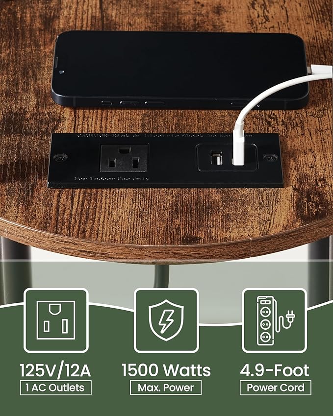Round Side Table with Charging Station, Small Round End Table, 3-Tier Sofa Side - Image 4