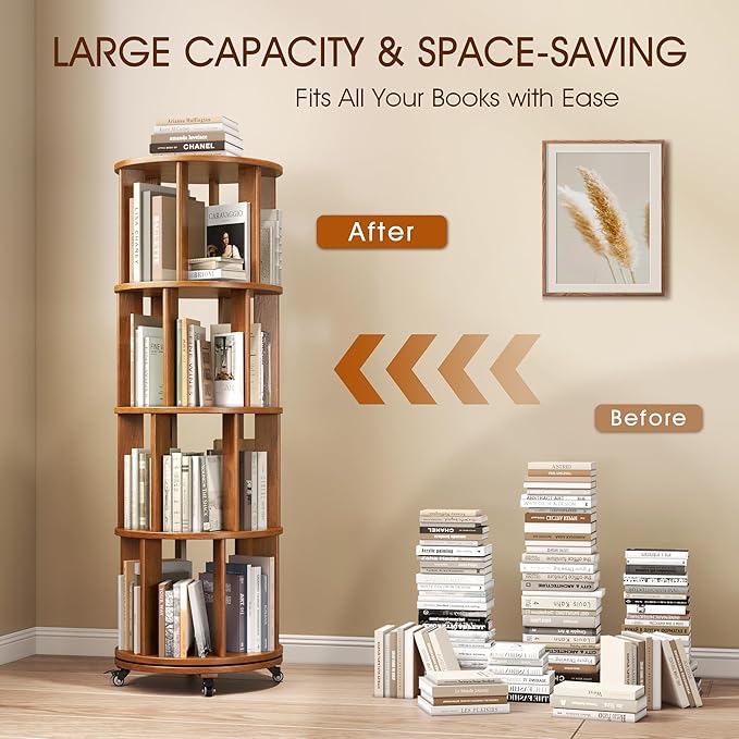 4 Tier Rotating Bookshelf Tower, 360 Spinning Bookcase Carousel - Image 3