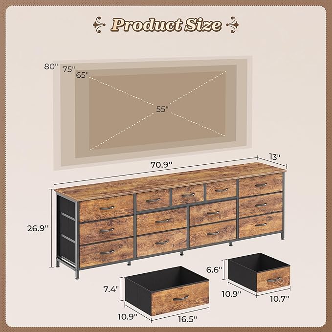Huuger 70 Inch Dresser for Bedroom, TV Stand for 65, 80 Inch TV, 13 Fabric - Image 3