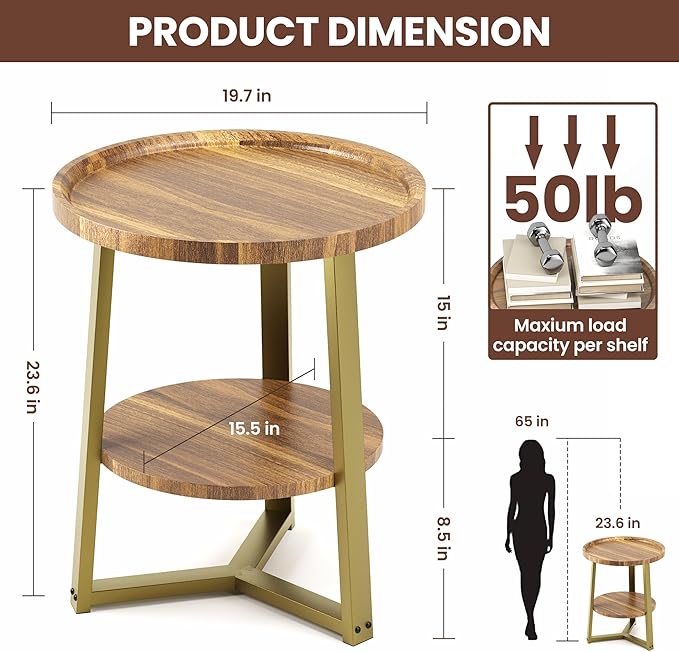 PPAMAPIC Round End Table, 2 Tier Side Table - Image 3