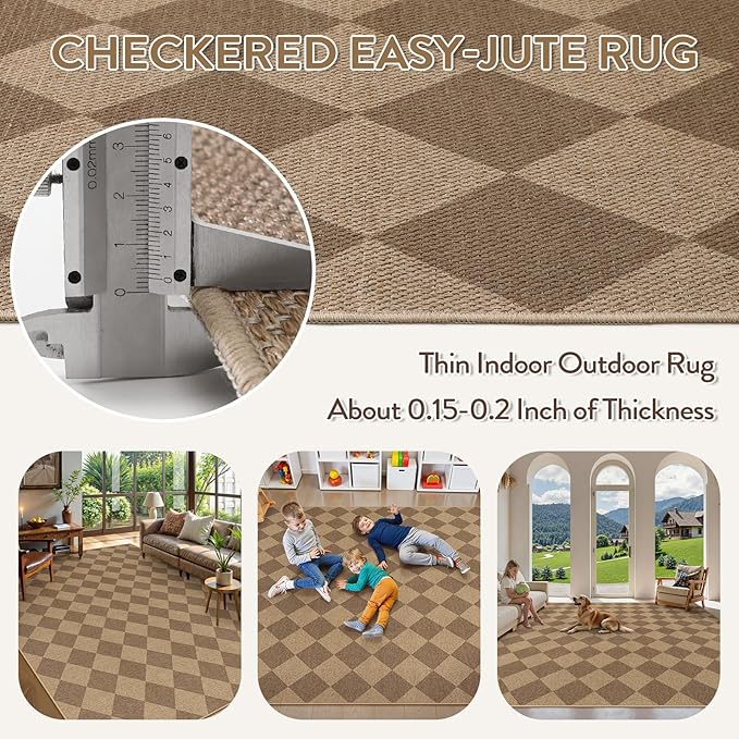 Lahome Checkered Easy Jute Rug, 9x12 Washable Dining Room Rug Indoor Outdoor - Image 5