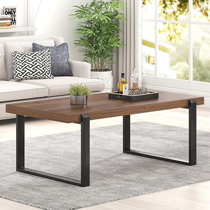 FOLUBAN Modern Coffee Table, Rustic Wood and Metal Center Table, Industrial - Image 3