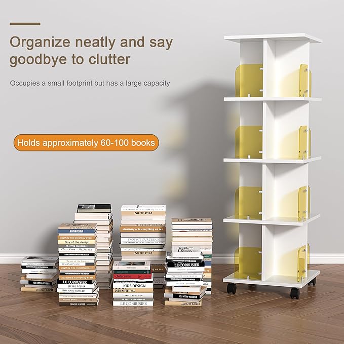 VECELO Rotating Bookshelf with Brake Wheels, 360°Display 4 Tier Floor Stackable - Image 5