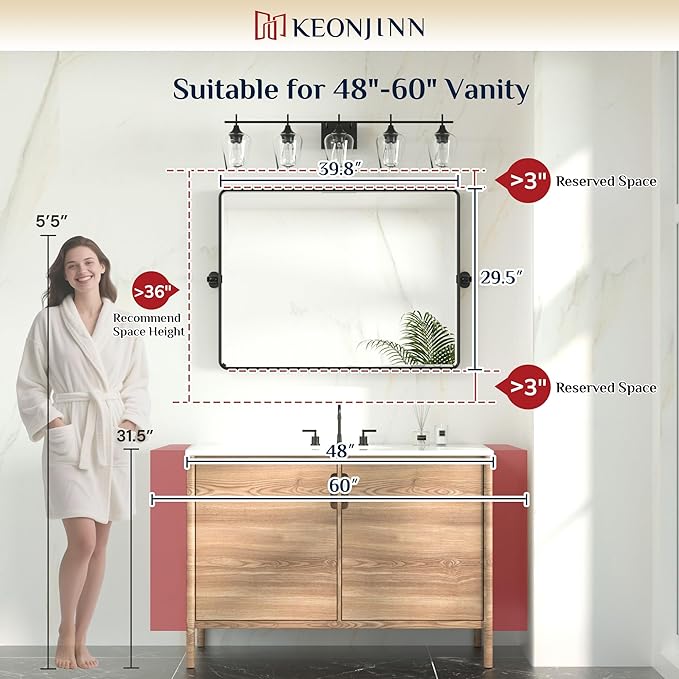 Keonjinn Large Pivot Mirror Bathroom, 40 x 30 Inch Beveled Tilt Mirror Bathroom - Image 5
