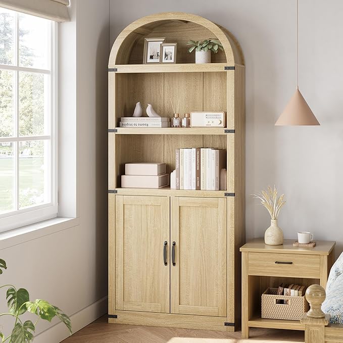 GarveeHome Bookcase with Doors Arched Bookshelf 71.65in Tall Bookcase Farmhouse - Image 3