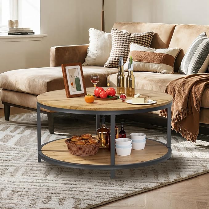 NSdirect Round Coffee Table, 36in Rustic Wooden Surface Top & Sturdy Metal Legs - Image 4