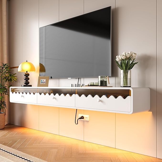 Floating TV Stand, 70IN Fully-Assembled Wall Mounted Wave Glass - Image 9