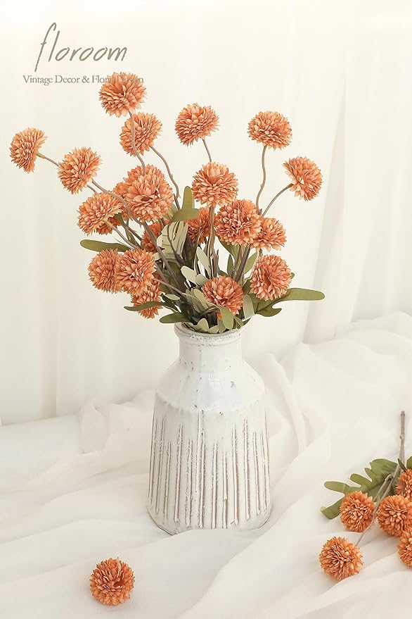 Floroom 5pcs Burnt Orange Faux Silk Mums Artificial Flowers, Bulk Fake Small - Image 2