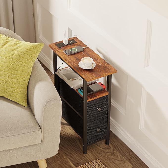 End Table Set 2 with Charging Station, Narrow Side Table with 2 Fabric Drawers - Image 7