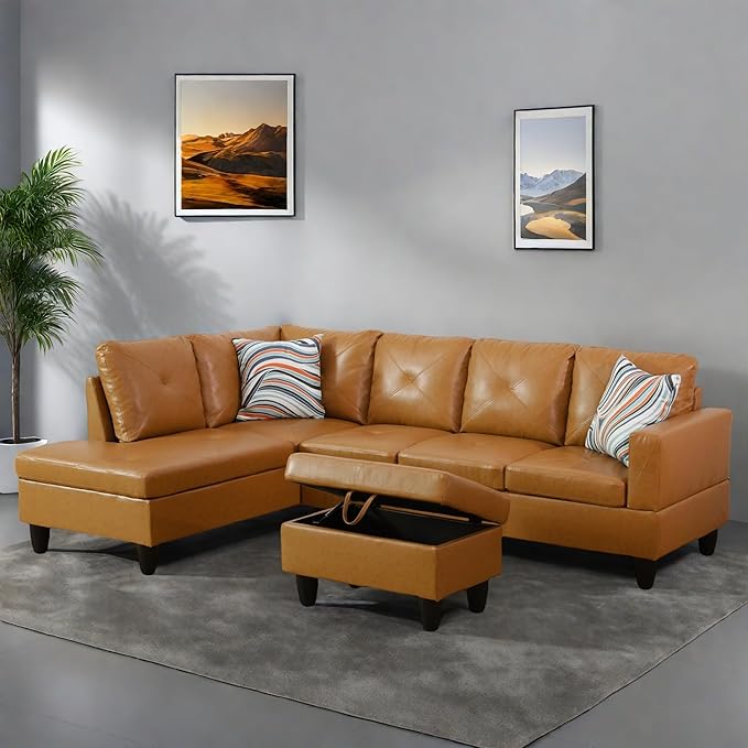 L-Shaped Sectional Sofa with Ottoman, Right-Facing Leather Modern Couch - Image 4