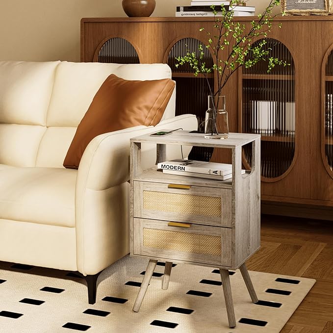 Rattan Nightstand with Charging Station, Farmhouse Bedside Table with 2 Storage - Image 8