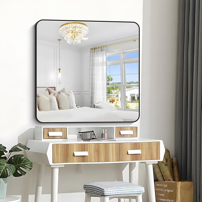 Bathroom Mirror, 42x42 inch Black Square Wall Mirror, Rounded Corner Aluminum - Image 5