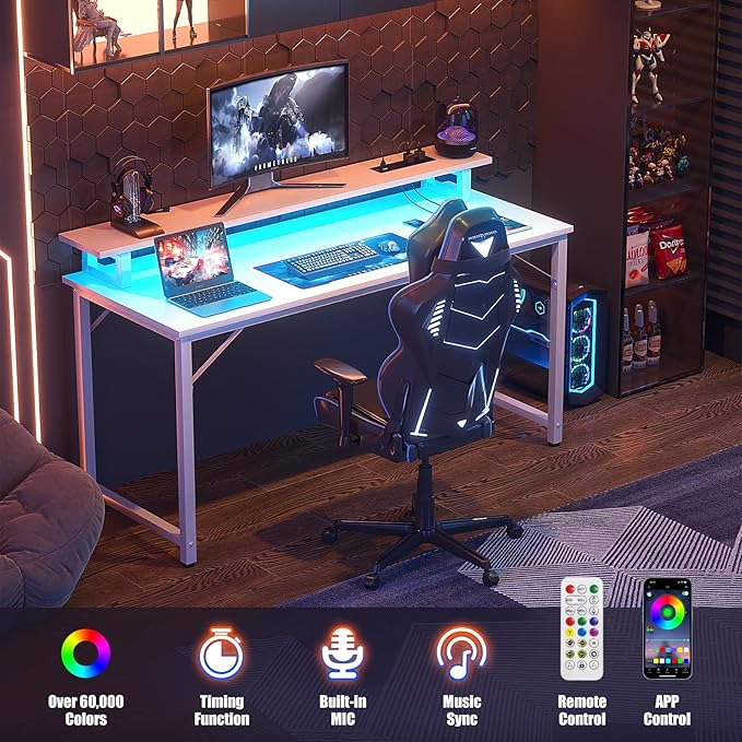Computer Desk with USB Power Outlets and LED Lights, 47 inch Gaming Desk with - Image 4