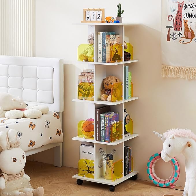 VECELO 4-Tier Rotating Bookshelf on Wheels, Revolving Bookcase Tower, Mobile - Image 7