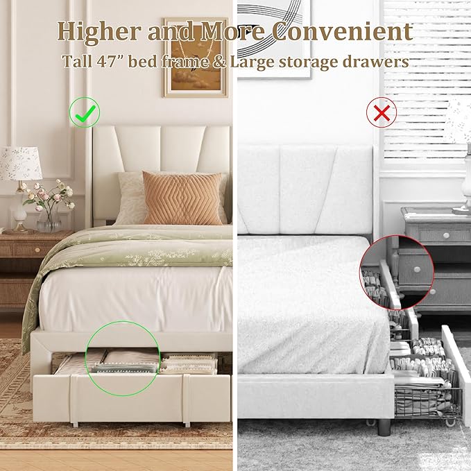 Queen Bed Frame with Storage Drawers, Upholstered Platform Bed with Headboard - Image 6