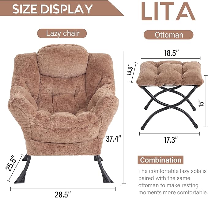 Cozy Lazy Chair and Ottoman, Large Contemporary Accent Lounge Chair Set - Image 3