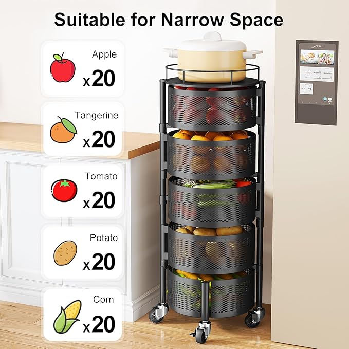 SAYZH Fruit Vegetable Basket for Kitchen, Rotating Storage Rack, 5 Tier Rolling - Image 7