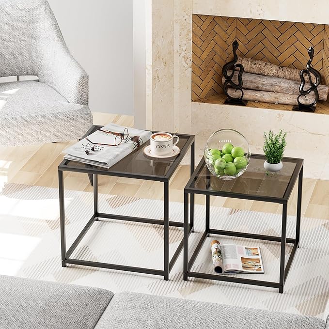 Garden 4 you Coffee Table Set of 2, Modern Glass Nesting Table, Metal Frame - Image 4