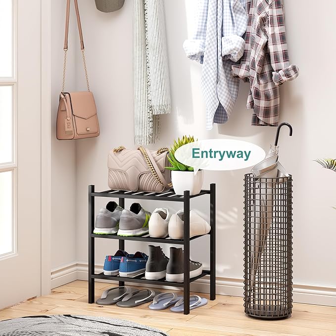 Small Shoe Rack for Entryway, 3-Tier Black Bamboo Shoe Organizer for Hallway - Image 3
