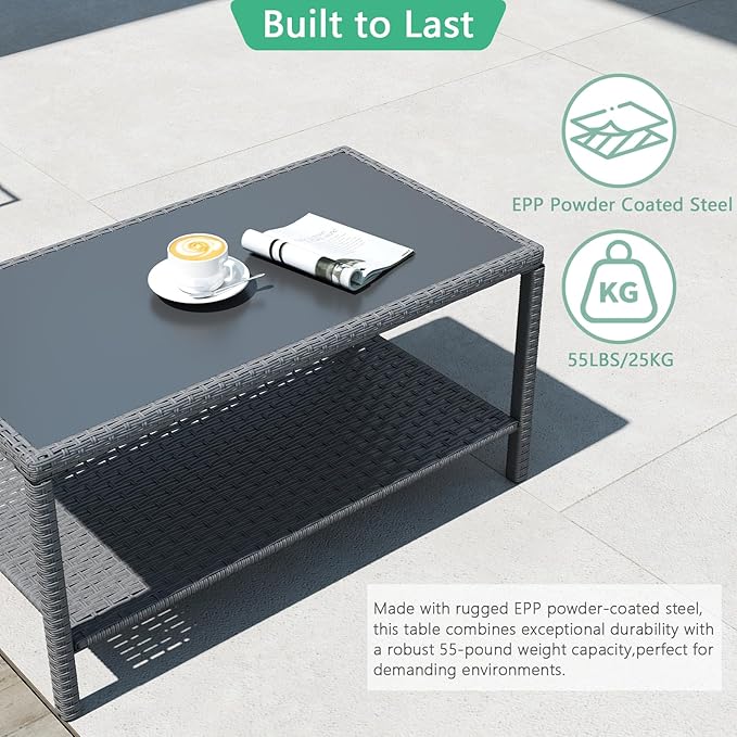 Helios&Hestia Rectangle All Weather Rattan Wicker Outdoor Coffee Side End Table - Image 4