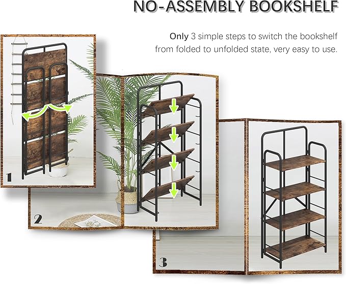 4NM No Assembly Folding Bookshelf 4 Tiers Vintage Industrial Black Book Shelf - Image 4