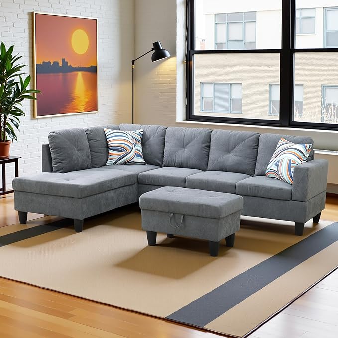 L Shaped Couch Modern Sectional Couch Upholstered Flannelette Fabric 3 Pieces - Image 4