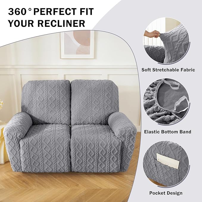 vctops 6 Pieces Geometric Jacquard Plush Recliner Loveseat Slipcovers Soft - Image 4