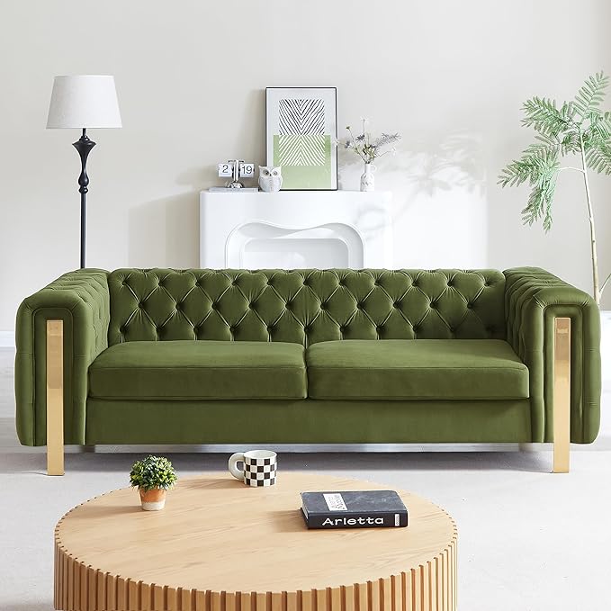 Merax Comfy 3-seat Sofa with Tufted Back and Arm and Gold Iron Legs, Modern - Image 3