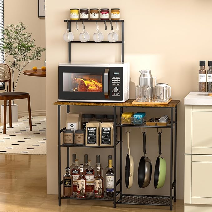 Baker's Rack for Kitchen with Storage, Microwave Stand with Adjustable Shelves by 3IngSeagulls