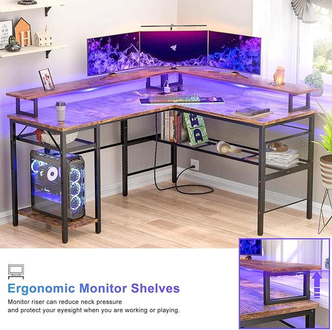 Unikito L Shaped Desk with LED Light and Power Outlet, Reversible Corner - Image 4