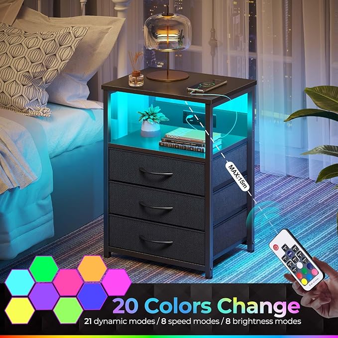 Seventable Nightstand with Charging Station and LED Light, Bedside End Table - Image 4