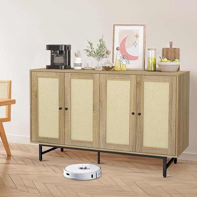 Sideboard Buffets Cabinet with 4 Rattan Doors, Large Storage Accent Cabinet - Image 6