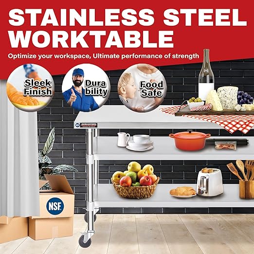 DuraSteel Stainless Steel Work Table 24" x 48" x 34" Height w/ 4 Caster Wheels - Image 3