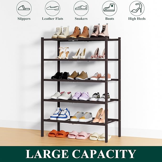 Smiry Shoe Rack, 5 Tier Thick Bamboo Shoe Organizer, Stackable Free Standing - Image 6