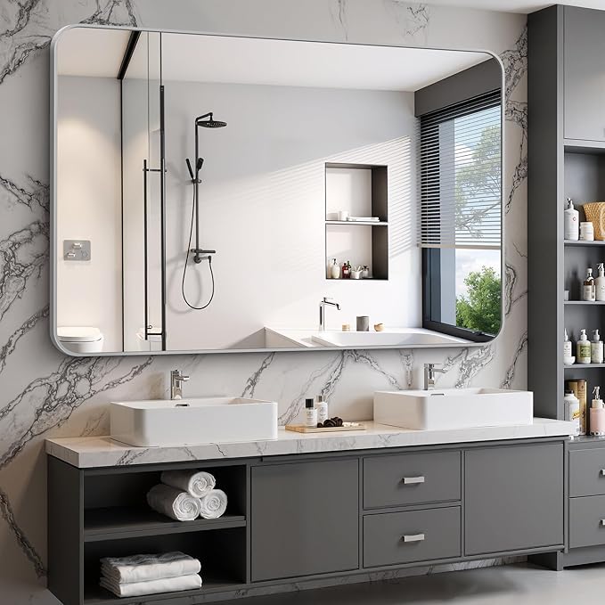 60x40 Inch Silver Bathroom Mirror, Large Rectangle Mirror, Metal Framed - Image 4