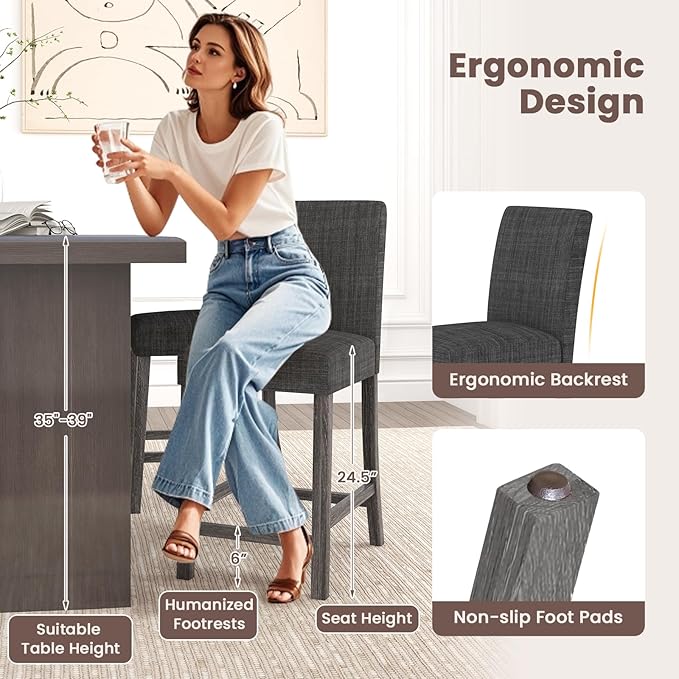 COSTWAY Upholstered Counter Height Stools Set of 2, Bar Stools w/Ergonomic - Image 6