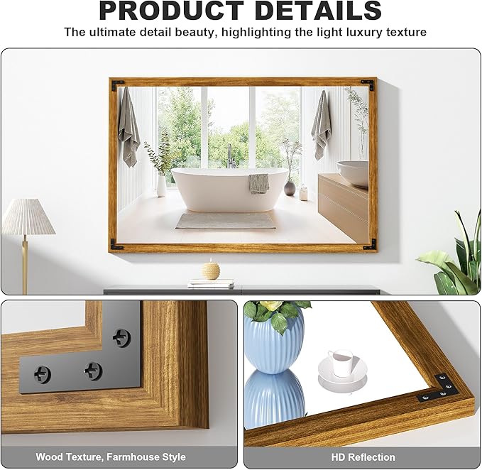 Hasipu Farmhouse Bathroom Mirror, Walnut Vintage Vanity Mirror Modern Farmhouse - Image 7