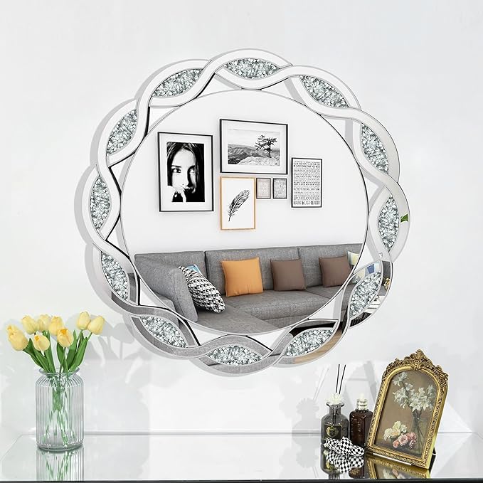 Crystal Decorative Mirror-32 x32 Gorgeous Silver Mirror Crush Diamond Mirror - Image 3